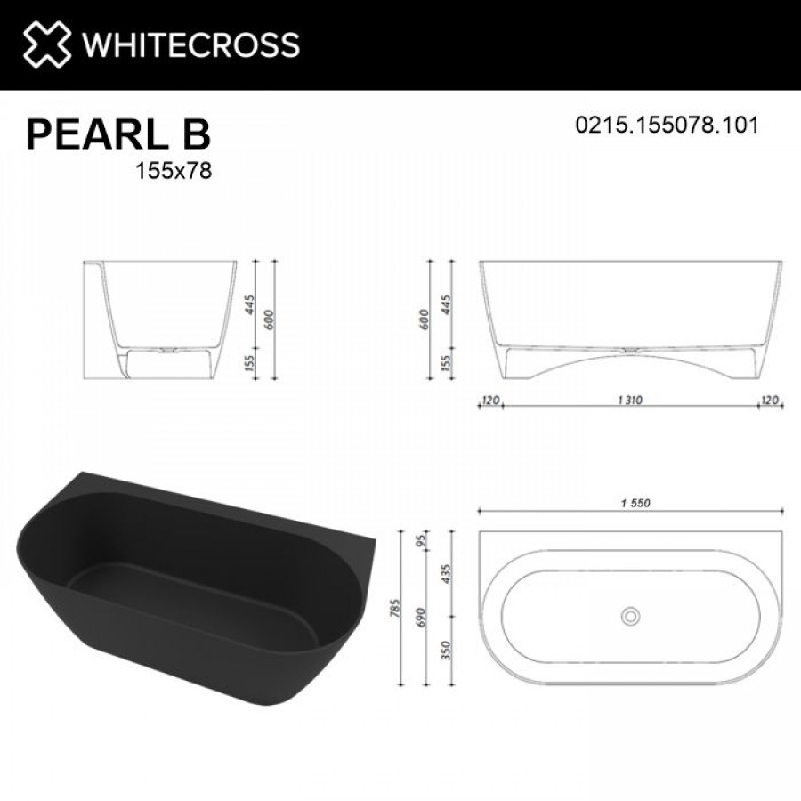 Ванна из искусственного камня Whitecross Pearl B 155x78 черный глянец