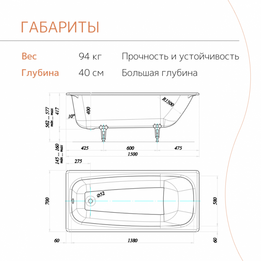 Чугунная ванна Tempra Ever 150x70 круглые ручки